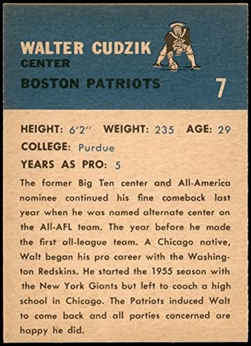 1962 Fleer 7 Walt Cudzik New England Patriots (Foci Kártya) EX/MT Hazafiak Purdue