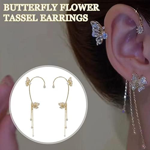 Pillangó Tassel Stílusú Aranyozott Fülbevaló, Nem Piercing, Pillangó, Virág Tassel Hosszú Fülbevaló Klipsz, Pillangó fülbevaló Fülbevaló,