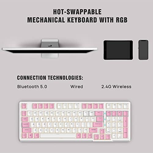 KOLMAX 98-Kulcs RGB Hot-swap Mechanikus Gaming-Billentyűzet, 2.4 G Wireless/BT5.0/Vezetékes PBT Dupla adag Pudingot Keycaps Fehér-Rózsaszín