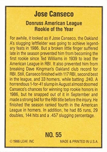 1986 Donruss Kiemeli 55 Jose Canseco Baseball Kártya - Donruss A. L. az Év Újonca