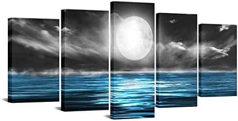 YeiLnm 5 paneles Vászon Wall Art Hold Tenger, Óceán Táj Képek Nyomtatása Fekete Fehér Kék Part menti Festmények, Modern Seascape