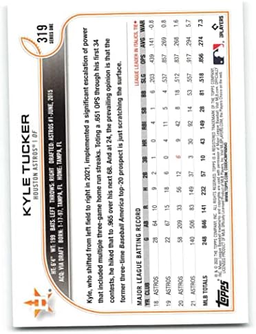2022 Topps 319 Kyle Tucker Houston Astros Hivatalos MLB Baseball Trading Card Nyers (NM vagy Jobb) Feltétel