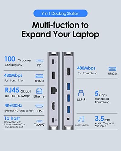 LENTION USB-C Dokkoló Állomás 100W PD, 4K HDMI, Gigabit Ethernet, USB 3.0/2.0&Aux Adapter 2023- MacBook Pro/Mac Air/Felület/Gőz
