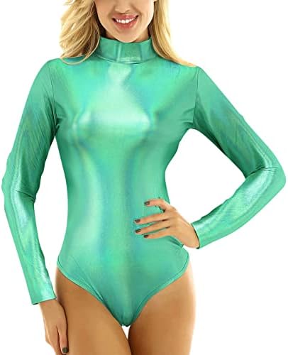 Női Szexi Body Maximum Hosszú Ujjú Garbó Tanga Bodysuits Fényes, Fémes PVC Bodycon Varrat nélküli Body Kezeslábas