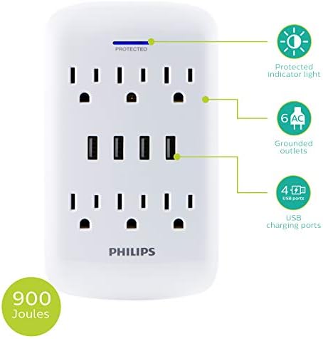 Philips 6-Outlet Extender 4-USB Port, Túlfeszültség-Védő, töltőállomás, 900 Joule, Földelt hálózati Adapter, Jelzőfény,