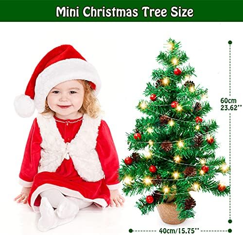 Gosear Asztali karácsonyfa, 24 inch/2 ft Mini Zöld karácsonyfa Berry fenyőtoboz Díszek Led String Fény kaspó Vászon ruha Otthoni
