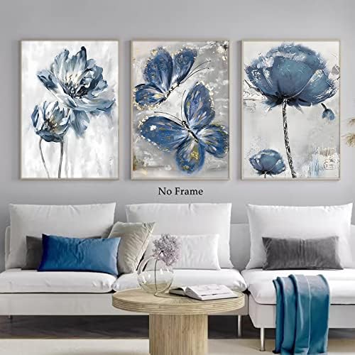 Kék Virág Grafika Pillangó Vászon Wall Art Kék, Szürke Képek Absztrakt Virágos Művészi Nyomatok Kék Növény Festmény Kék-Arany Poszter Elegáns