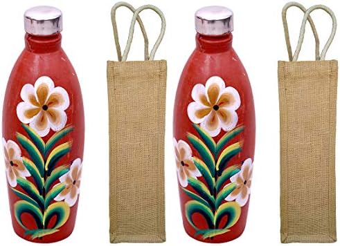 Odishabazaar Pack 2 Kézzel Festett Agyag Terrakotta/Igazi Mitti Mázatlan Víz Üveg + Juta Zsák 1000ml Egészségügyi Ellátások
