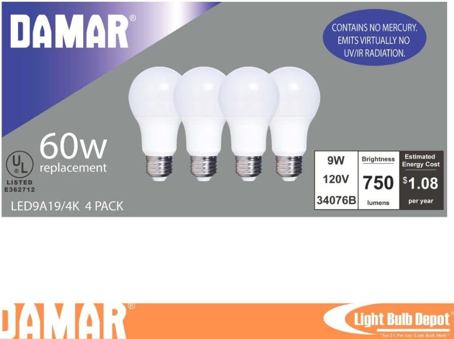 Damar 19 LED Izzó 9W (60W Egyenértékű), 4000k (hideg Fehér), 750 Lumen, e26 Bázis, UL, Nem Szabályozható 4-Csomag Haza Iroda