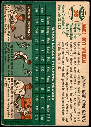 1954 Topps 36 WHT Hoyt Wilhelm New York Giants (Baseball Kártya) (Fehér Vissza) VG Óriások