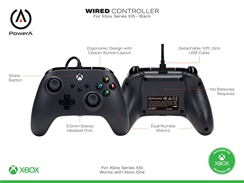PowerA Vezetékes Vezérlő Xbox Sorozat X|S - Fekete, gamepad, videó játék kontroller, játékvezérlő, működik Egy Xbox, majd a Windows