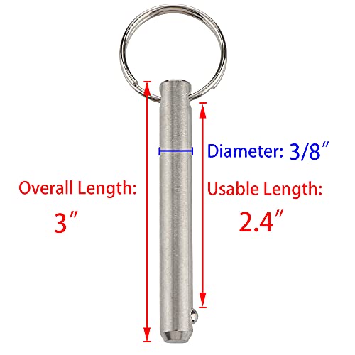 2 Csomag Hosszú gyorskioldó Pin, Átmérő 3/8(9.5 mm) Hasznos Hossz 2.4(61mm), Teljes Hossza 3(76mm), Teljes 316-os Rozsdamentes