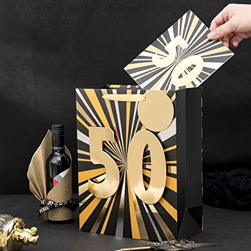 MAYPLUSS 13 Nagy Ajándék Táska, Üdvözlő Kártya, illetve Szövet, Papír, 50 Éves Születésnapi Party - Fekete Arany Fólia Design
