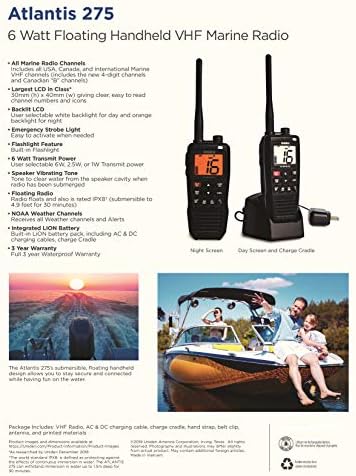 Uniden Atlantisz 275 Kézi kétirányú Tengeri VHF Rádió, Lebegő IPX8 Merülő Vízálló, Nagy Dual-Színes kijelző, 6 W-os, az Összes USA/Nemzetközi/Kanadai