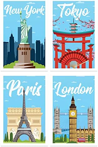 Damdekoli Utazási Plakátok, Set, 4, 11x17 Cm, Wall Art Nyomtatás Dekoráció, New York, London, Tokió, Párizs