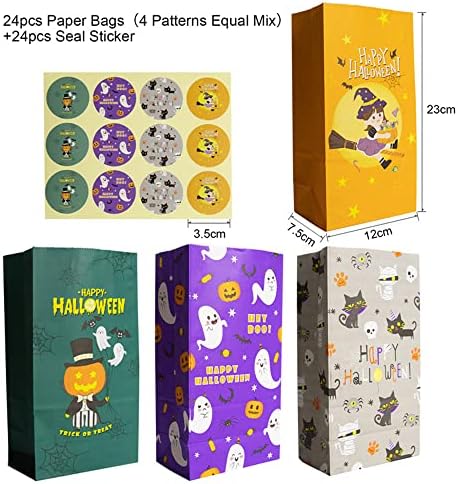Készlet 24 Párt papírzacskó Kraft Kezelni Ajándék Táskák Lapos Alsó Bevásárló Candy Táskák Matricák (Halloween)