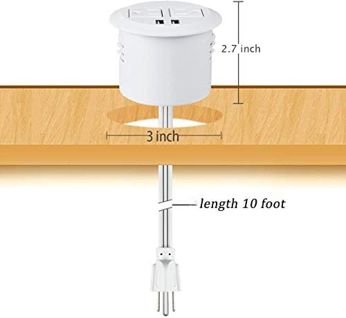 Asztali Hatalom Karika Konnektorba Socket Asztal Data Center 2 Outlet, 2 USB Port, 10 FT Hosszabbító Kábel(Fehér)