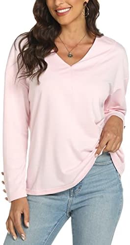 Női Póló Divat, Ruha V-nyakú Gomb Design hosszú ujjú Ing egyszínű Tetejét Rózsaszín