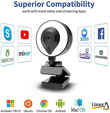 2K HD USB Webkamera Mikrofonnal, Streaming Webcam, 3 Szint Gyűrű Fény, Auto Fókusz 5MP Számítógép, Fényképezőgép USB 2.0 Plug and Play