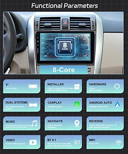 8 Core Android Autó Sztereó Toyota Corolla 2009-2013, 2G 32G autórádió Vezeték nélküli Apple Carplay 9 Hüvelykes Érintőképernyő Bluetooth