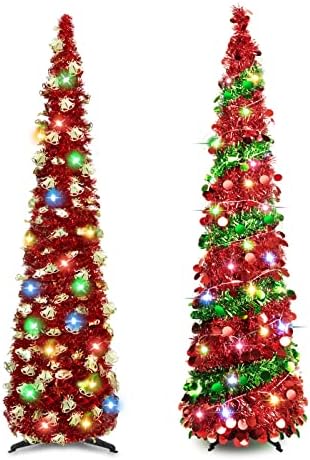2 DB 5 FT karácsonyfákat Fények, Összecsukható Mesterséges Sequin felugró karácsonyfa a Lakásban, Pincében, Kandalló, Home Office,