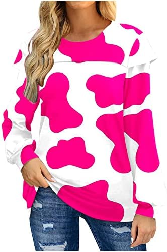 A Nők Printed Hosszú Ujjú Póló, Tehén Pöttyös Grafikus Pullovers Klasszikus Maximum Kerek Nyak Alkalmi Blúzok Tshirt