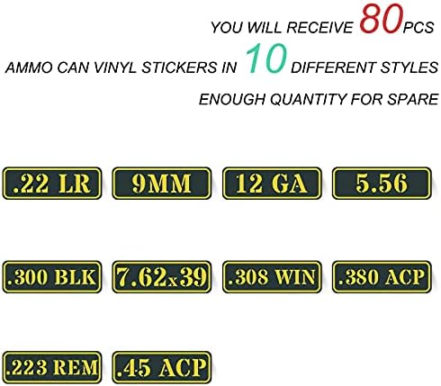 Lőszer Lehet Vinyl Matrica Szett Matrica Címke .22 .223 .308-as 9MM 380-as 45-ös 5.56 7.62-es 12GA 300BLK (80 Csomag/10
