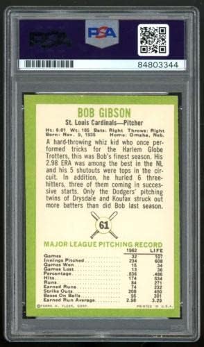 1963 Fleer Bob Gibson 61 Automatikus Aláírást PSA Hiteles Bíborosok ES906 - Baseball Asztalon Dedikált Kártyák