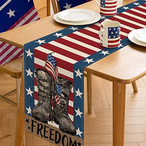 Seliem július 4-én Amerika Katona Csizma Hazafias asztali Futó, Csillagok, Csíkos Zászlót emléknap Konyha, Étkező Asztal Dekoráció,