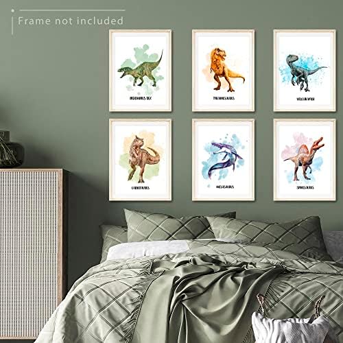 6 Db Dinoszaurusz Wall Art Plakátok,Akvarell Dinoszaurusz Fali Dekor Ujjlenyomat,Dinoszaurusz Plakátok a Fiúk Szoba Gyerek Gyerekszoba