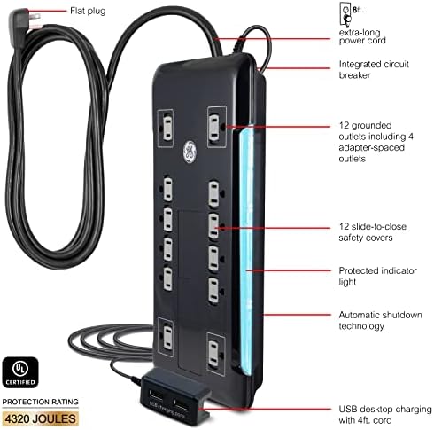 GE UltraPro 12 Outlet túlfeszültségvédő, Kötve 2 USB Port, 8 Ft Tápkábel, 4320 Joule, Lapos Csatlakozó, Hálózati Szűrő, Circuit Breaker,