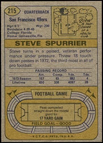 1974 Topps 215 Steve Spurrier San Francisco 49ers (Foci Kártya) Dean Kártyák 5 - EX 49 -