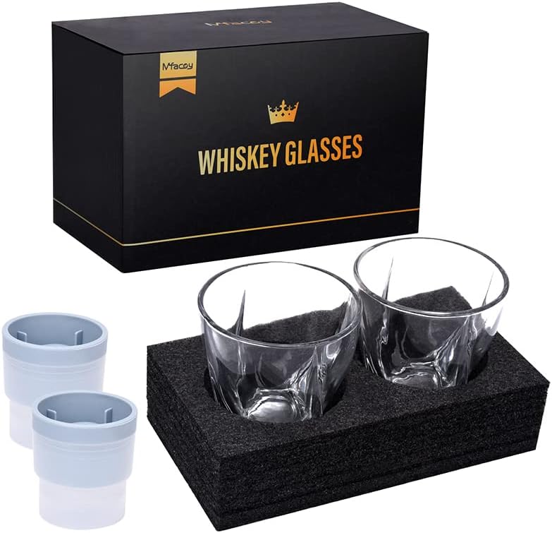 Mfacoy Régi Whiskys Poharat Készlet 4 (2 Crystal Bourbon Szemüveg, 2 Kerek, Nagy a Jég Labdát Formák 11 Oz Sziklák Pohár díszdobozban,