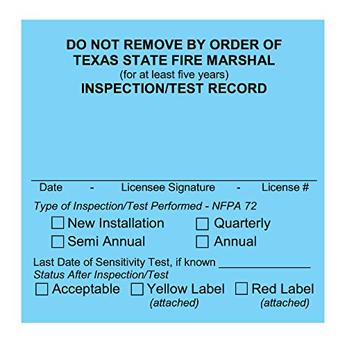 Texas tűzjelző Rendszer Egyedi Nyomtatott Címke - Karbantartás Kártyák Ellenőrzési, illetve Vizsgálati Rekord - Csomag 100 (Fehér,