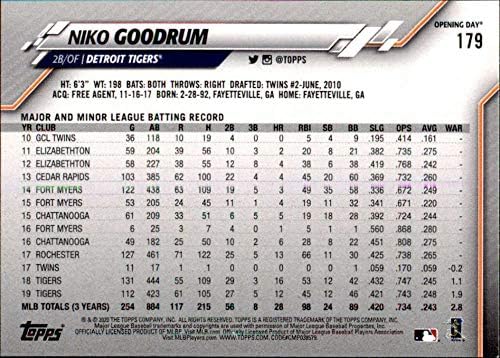 2020 Topps Nyitó Nap Baseball 179 Niko Goodrum Detroit Tigers MLB Hivatalos Kereskedési Kártya
