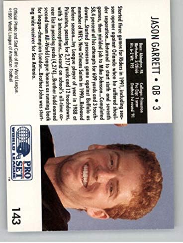 1991 Pro Set WLAF 143 Jason Garrett San Antonio Lovasok Hivatalos Labdarúgó-Trading Card
