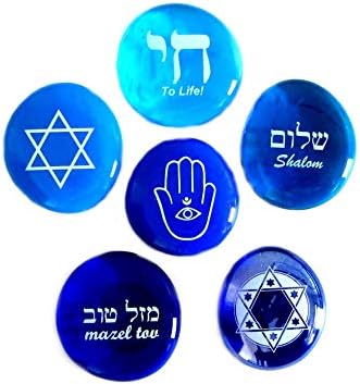 Judaica Üveg Kövek: Chai, Dávid-Csillag, Hamsa, Mazel Tov, Shalom a Árnyalatú Kék, Készlet Hat, azáltal, Lifeforce Üveg