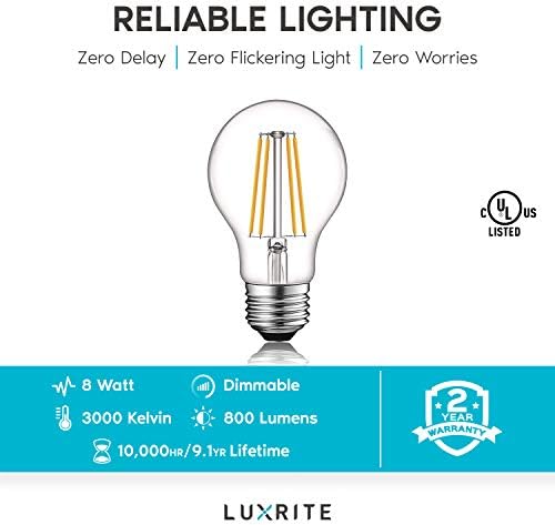 LUXRITE Vintage 19 LED Izzók 60W Egyenértékű, 3000K Puha, Fehér Szabályozható, 800 Lumen, Standard Edison LED Izzó 8W, UL, E26 Bázis (4 / Csomag)