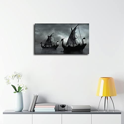Skandináv Dekoráció Fekete-Fehér Festés Viking Hajó Mű Fantasy Vitorlás Poszter Díszítő Festés Vászon Wall Art Nappali Plakátok