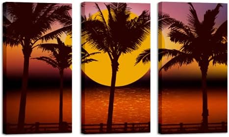 3 Db Olajos Ujjlenyomatok Wall Art Naplemente Coconut Palm Tree Sziluett Beach Képek, Modern Festmény Nappali, Hálószoba, Iroda,