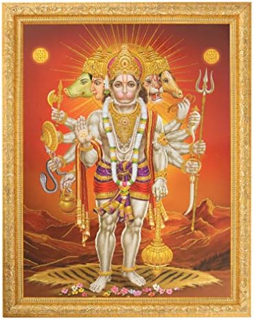 Panchmukhi Hanuman Arany Zari műalkotás Fotó Arany Keret Nagy (14 X 18 Cm) Vallási Fali Dekoráció