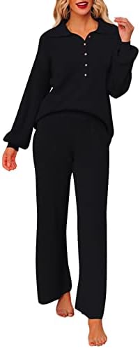 TOLENY Női 2 Darab Társalgó Beállítja Bordázott Kötött Gombot Pullovers Széles Lábát Nadrág, Melegítő Szettek Loungewear