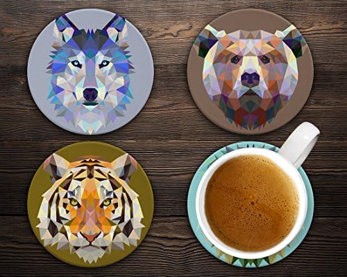 Geometriai Állatok Farkas, Oroszlán, Tigris, Medve Design - Kör Alátétek, Természetes Homokkő - Készlet 4