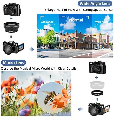 A 4K Digitális Fényképezőgép, 48MP Vlogging Kamera 3.0 180 Fokos Flip Képernyőn, 16X Digitális Zoom Széles Látószögű Objektív, Makró Objektív,