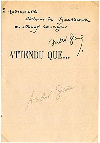 André Gide NOBEL-DÍJAT autográf, aláírt bookpage szerelt
