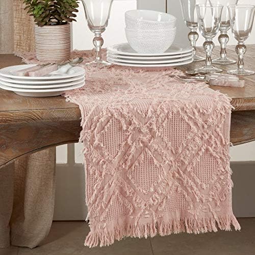 Fennco Stílusok Gofri Sző Modern Pamut Rose-Rózsaszín asztali Futó a Fringe – 16W x 72L asztalterítő Otthoni Dekoráció, Étkező Asztal, Bankettek,