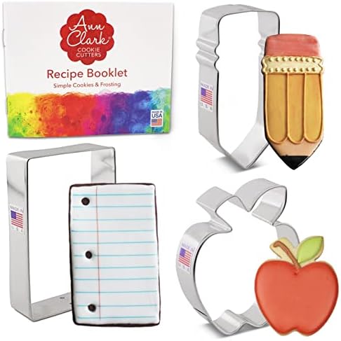 Ann Clark sütőformákat 3 Részes Vissza az Iskolába & tanárok Cookie Cutter Állítsa be a Recept Füzet, Apple, Ceruza