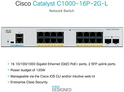A Cisco Catalyst 1000-16P-2G-L Hálózati Kapcsoló, 16 Gigabit Ethernet PoE+ Portok, 120 w-os PoE Költségvetés, 2 1G SFP Uplink Port,