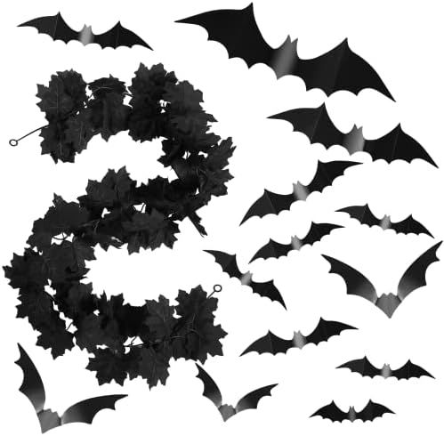 Fekete Halloween Garland Esik Maple Leaf Lóg Garland, illetve 60 Db 3D Dekoratív Ijesztő Denevérek Fali Matrica Mesterséges