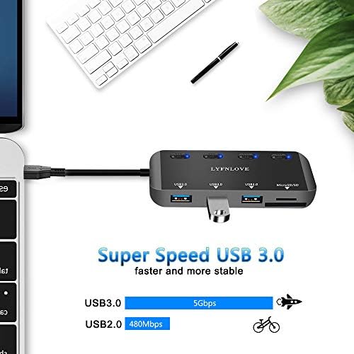 LYFNLOVE USB Hub, Ultra-Slim USB 3.0 Hub 3 USB 3.0 Adatok Portok, SD/Micro SD Kártya Olvasó,nagysebességű USB Elosztó Egyéni hálózati Kapcsoló